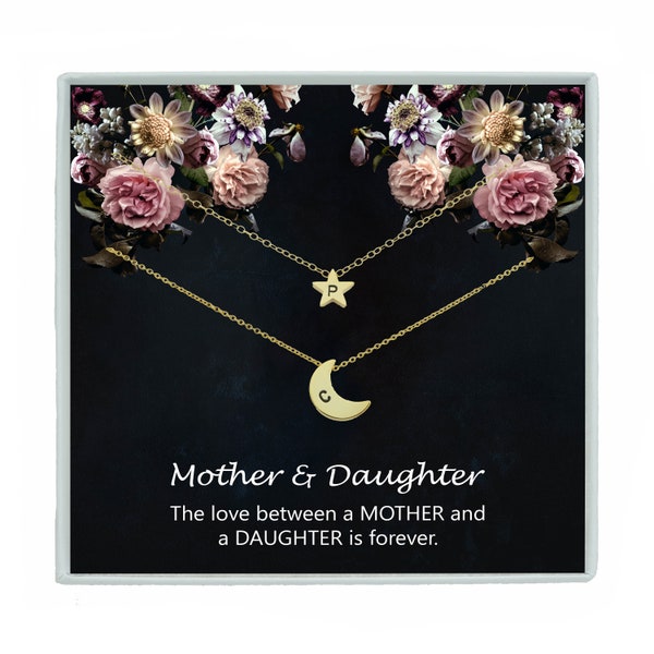 Mother Daughter Necklace for Women  Personalized Initial Mommy And Me Jewelry Crescent Moon Star Necklace Mom Daughter Matching Necklace