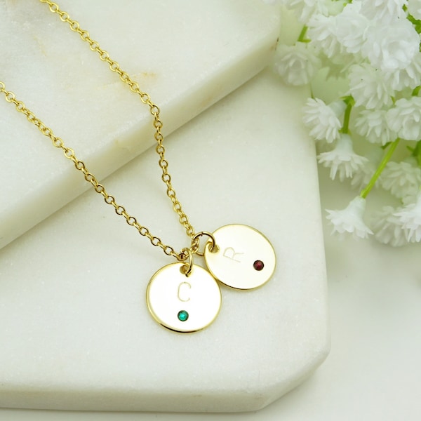 Personalized Initial Disc Birthstone  Necklace for women, Birthstone Necklace, Birthstone Initial Necklace, Kid's Initial Necklace