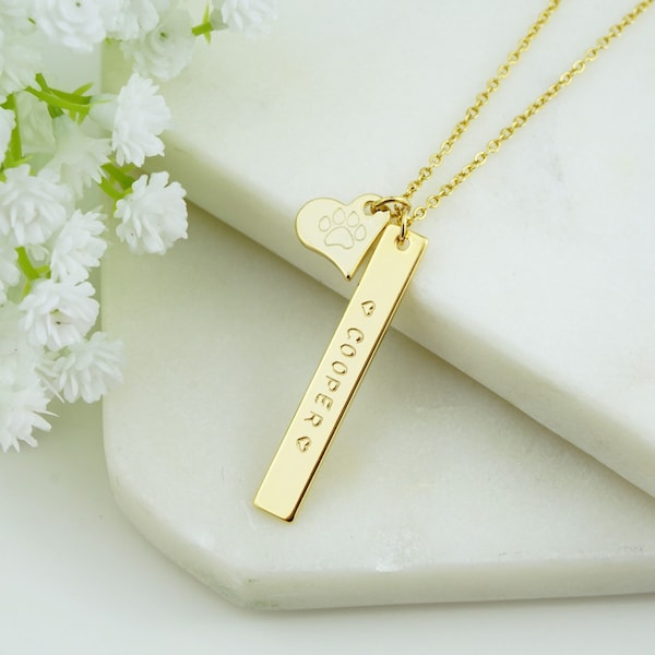 Personalized Pet Name Bar Necklace, Paw Print necklace, Pet Lover Necklace, Pet memorial Necklace, Dog Memorial necklace, Dog loss necklace