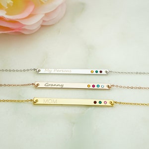 Personalized Birthstone Long Bar Necklace Grandma Mom Granny Aunt Mother Kids Grandchildren Birthstone Bar Necklace Mimi Nona Gift Necklace