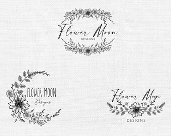 May include: Black and white logo design for a business called "Flower Moon Designs". The logo features a floral wreath with a handwritten font.