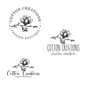 May include: Black and white logo design for a fashion boutique called "Cotton Creations". The logo features a stylized magnolia flower with a branch and leaves. The text "Cotton Creations" is written in a handwritten font and the words "Fashion Boutique" are written in a smaller font below.