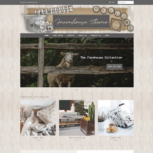 May include: Website homepage with a farmhouse theme. The banner features the word "FARMHOUSE" and "Farmhouse Theme". Below, a sheep stands behind a wooden fence. Featured collections include home decor items and candles.