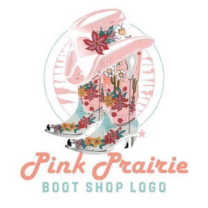 Editable Pink Southern Desert Cowgirl Hat Boots hippie boho Logo Template Canva DIY Fun Colorful Logo Design Bohemian Branding Boutique Logo