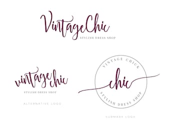 May include: Two logo designs for a business called "Vintage Chic" that sells stylish dresses. The first logo features the text "Vintage Chic" in a cursive font with the words "Stylish Dress Shop" below. The second logo features a circle with the text "Vintage Chick" and "Stylish Dress Shop" around the circle. The word "chic" is written in cursive inside the circle.