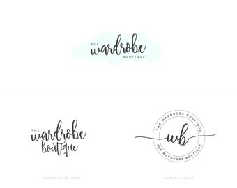 May include: Two logo designs for a clothing boutique called "The Wardrobe Boutique". The first logo features the name in a handwritten font on a light blue watercolor background. The second logo features a circle with the text "The Wardrobe Boutique" around the outside and the initials "WB" in a handwritten font inside the circle.