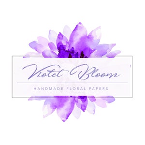May include: A watercolor illustration of a purple flower with the text "Violet Bloom Handmade Floral Papers" in a white rectangle.