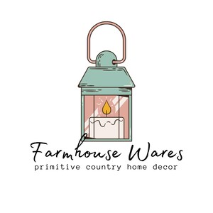 May include: A teal and pink lantern illustration with a lit candle inside. The lantern has a handle and the text "Farmhouse Wares" and "primitive country home decor" in a script font.