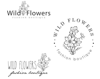 May include: Black and white logo design for a fashion boutique called "Wild Flowers". The logo features a stylized floral design with the text "Wild Flowers" and "fashion boutique" written below.