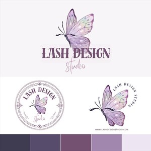 May include: A logo design featuring a watercolor butterfly in shades of purple, with the text "LASH DESIGN Studio". The design includes a circular logo and a color palette of purples.
