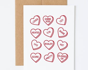 Tarjeta de San Valentín "Acalorada rivalidad", corazones de caramelo, tarjeta de felicitación moderna A2, Shane e Ilya