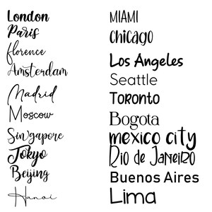 May include: A white background displays a list of city names in black cursive and block lettering. Cities include London, Paris, Miami, Chicago, Los Angeles, and others. The text is arranged in two columns.