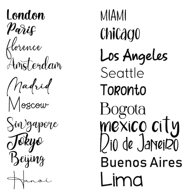 May include: A white background displays a list of city names in black cursive and block lettering. Cities include London, Paris, Miami, Chicago, Los Angeles, and others. The text is arranged in two columns.