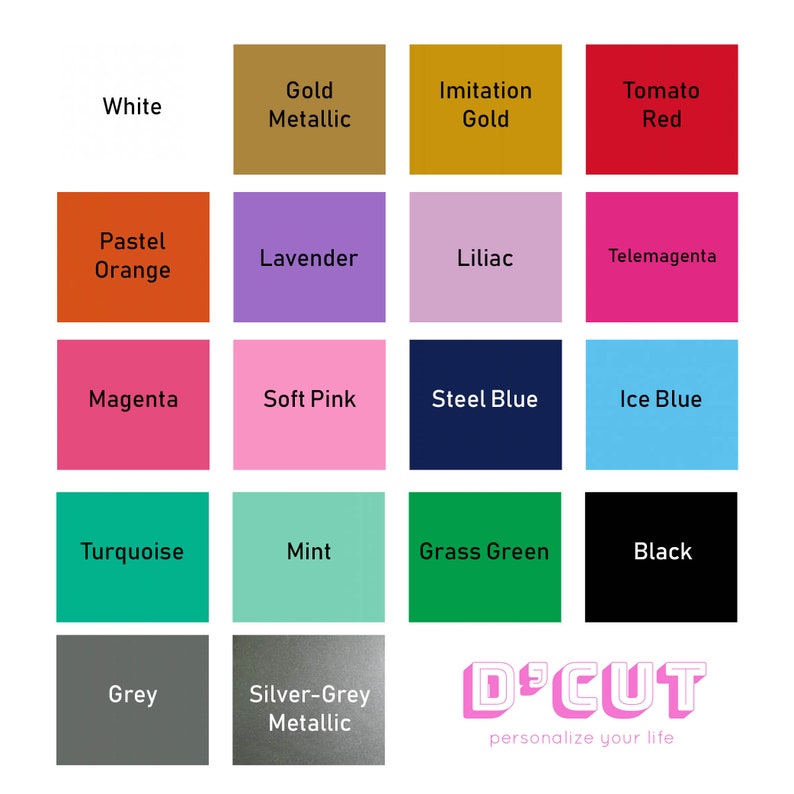 May include: A color chart featuring 20 different color swatches, each labeled with a color name. Colors include white, gold metallic, tomato red, pastel orange, lavender, lilac, telemagenta, magenta, soft pink, steel blue, ice blue, turquoise, mint, grass green, black, grey, and silver-grey metallic.