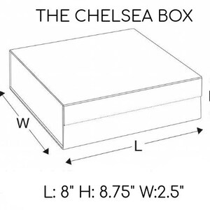 May include: A line drawing of a rectangular box labeled "THE CHELSEA BOX." The box dimensions are indicated as 8 inches long, 8.75 inches high, and 2.5 inches wide. The box is shown with a lid and a base.