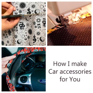 May include: A close-up of a black steering wheel cover with a red and black skull and spider web pattern. The cover is being installed on a car steering wheel. The text "How I make Car accessories for You" is visible below the image.