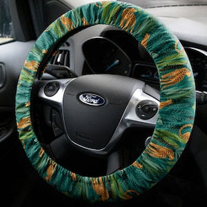 Steering wheel cover Flowers leopard, handmade wheel cover for women, Cheetah steer wheel cover 14.5 - 15 inches, cute fabric wheel cover
