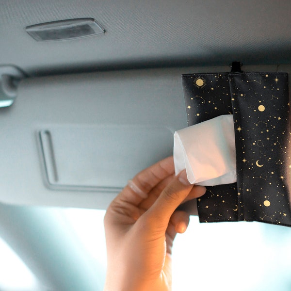 Car visor tissue holder Galaxy, sun moon Visor tissue case, Cute car accessories, Car decorations, Travel tissue case, Fabric tissue holder