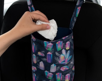 Bolsa de basura para coche con estampado de cristales y gancho: papelera de tela impermeable y reutilizable.