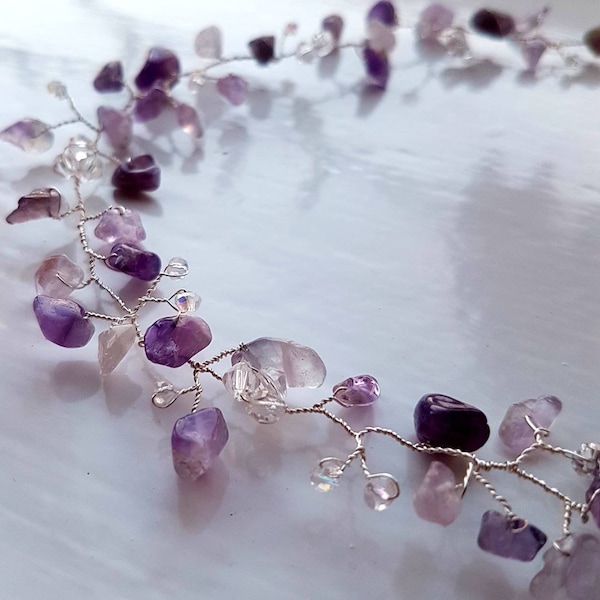 Genuine amethyst and swarovski crystal precious stone bridal hair vine