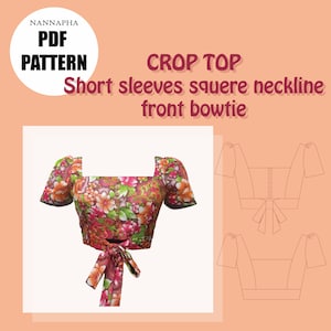 Crop top short sleeves square neckline with front bowtie | Women top | Size XS-L | PDF Pattern.