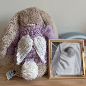 Könnte beinhalten: Ein Plüschhase mit einem lila Pullover und weißen Häkel-Flügeln. Ein kleines, goldgerahmtes Foto steht neben dem Hasen. Ein Regenbogenbogen ist im Hintergrund zu sehen.