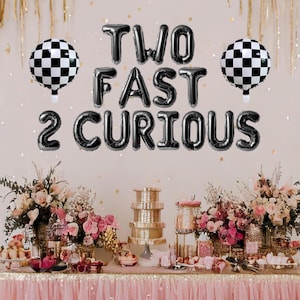 Two fast 2 curious birthday party balloon banner race car themed second birthday, racing flag balloons two fast 2nd birthday decorations