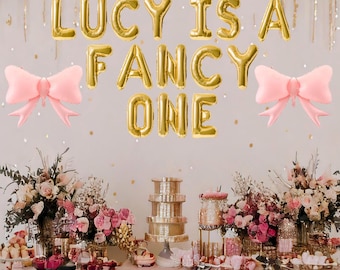 Personalized fancy one balloon banner, bow themed first birthday, bow aesthetic party decorations, pink bow 1st birthday shack themed