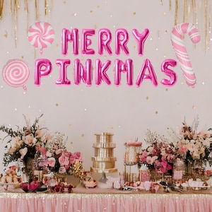Globos navideños femeninos, pancarta de globos Merry Pinkmas, decoraciones navideñas, decoraciones navideñas de color rosa pastel, estética de coqueta dulce