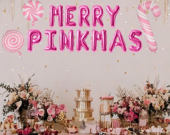 Girly Christmas balloons, Merry Pinkmas balloon banner, Christmas decorations, pastel pink Christmas decorations, candy coquette aesthetic