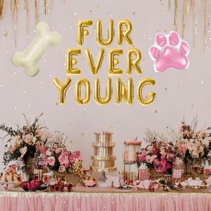 Dog birthday party balloons, pink paw balloons, fur ever young balloon banner, cute dog birthday ideas, custom dog balloon banner