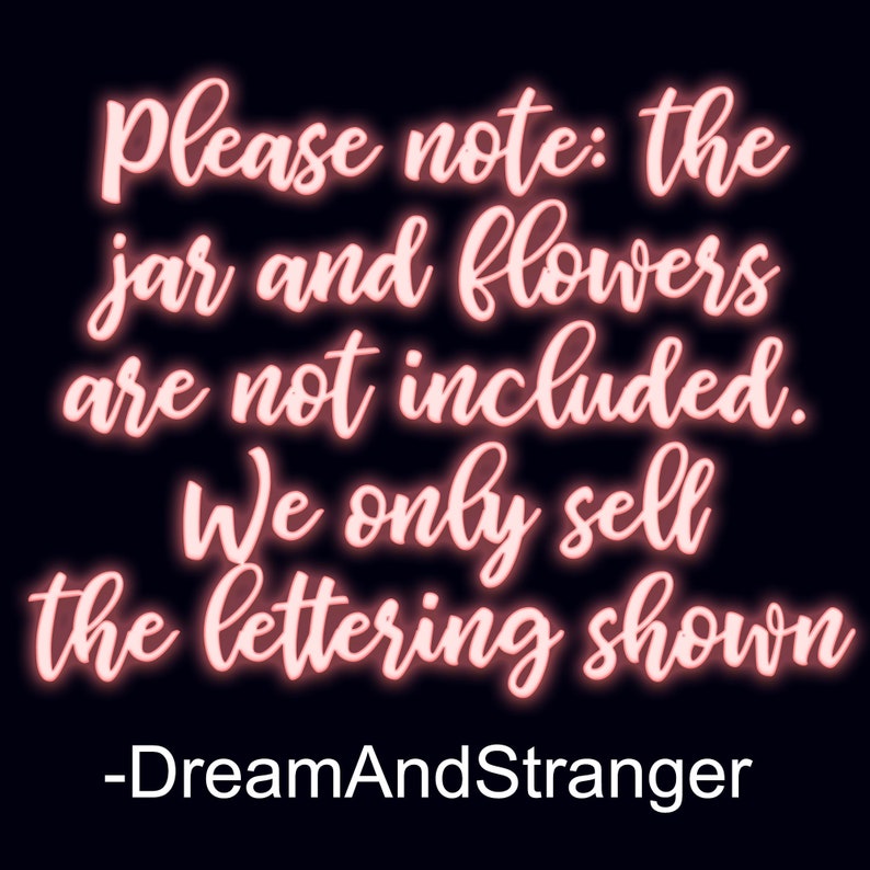 Puede incluir: Letrero de ne&oacute;n rosa con el texto "Por favor, tenga en cuenta: el frasco y las flores no est&aacute;n incluidos. Solo vendemos la rotulaci&oacute;n que se muestra -DreamAndStranger"