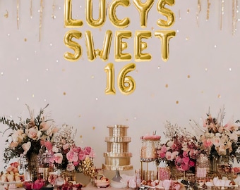 Banner de globos personalizado para dulces dieciséis, fondo con nombre para dulces 16, pancarta de feliz dulce 16, decoraciones para cumpleaños número 16, suministros para fiesta de cumpleaños número 16