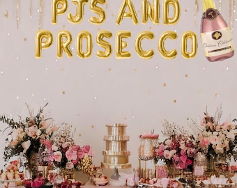 PJs and prosecco slumber party themed bachelorette party, pj hen party, pajama party for bachelorette or bridal shower, balloon banner