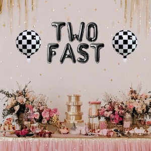 Two fast 2 curious birthday party balloon banner race car themed second birthday, racing flag balloons two fast 2nd birthday decorations