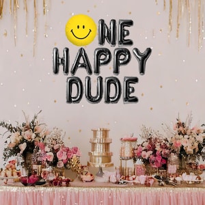 One happy dude balloon banner, retro themed first birthday party, cool dude 1st birthday party decorations, smiley themed first birthday