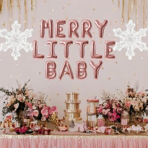 Banner de globos con tema de feliz baby shower, decoraciones navideñas con temática de baby shower, feliz baby shower de invierno, decoraciones navideñas para revelar el género