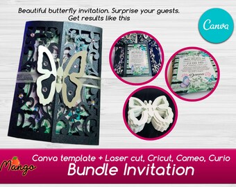 Sweet Sixteen bundle Invitation butterfly, Green black butterfly with canva template, envelope SVG DXF eps to laser cut, Cricut, Cameo