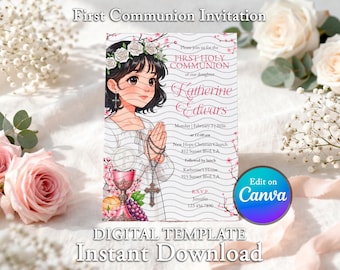 Editable First Communion Invitation Girl Template Canva Pink Floral Printable 01