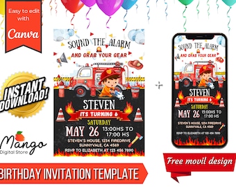 Fire Truck Firefighter Invitation | Birthday Party Canva Template, Instant Download