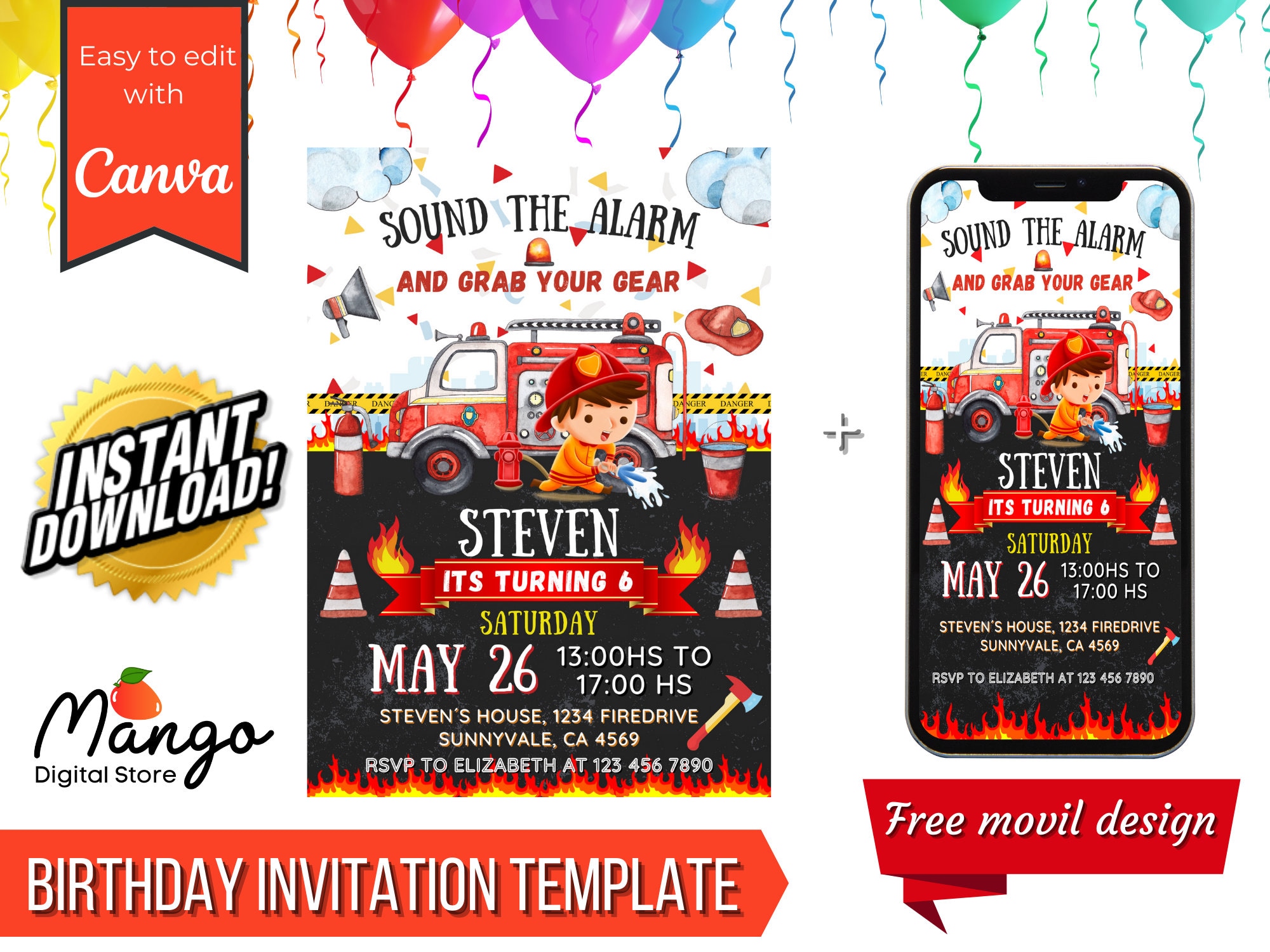 Firetruck Birthday Invitation Canva Template Firefighter Etsy