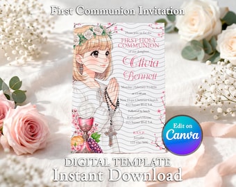 Editable First Communion Invitation Girl Template Canva Pink Floral Printable 03