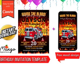 Firetruck Birthday Invitation | Firefighter Party Canva Template