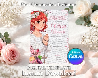 Editable First Communion Invitation Girl Template Canva Pink Floral Printable 04