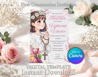 Editable First Communion Invitation Girl Template Canva Pink Floral Printable 02