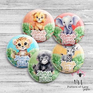 May include: Set of five round buttons featuring adorable animal illustrations. Each button has a different animal: a lion, elephant, cheetah, gorilla, and zebra. Each button has a different inspirational message.