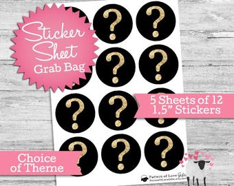 Sticker Sheet Mystery Grab Bag - 5 Random Sheets of Stickers - Choose Theme