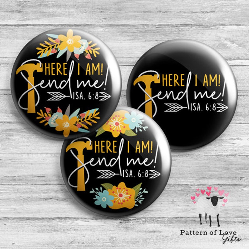 LDC Buttons JW Local Design Construction Volunteer Here I Am Send Me Isaiah 6:8 Assorted Mix