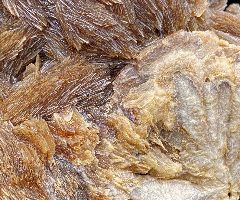 May include: Close-up of a brown and white mineral specimen with a rough, textured surface. The mineral has a layered, crystalline structure with a shimmery, iridescent sheen.