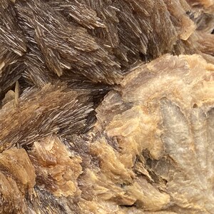May include: Close-up of a brown and gray mineral specimen with a rough, textured surface. The mineral has a layered, flaky appearance with a subtle sheen.